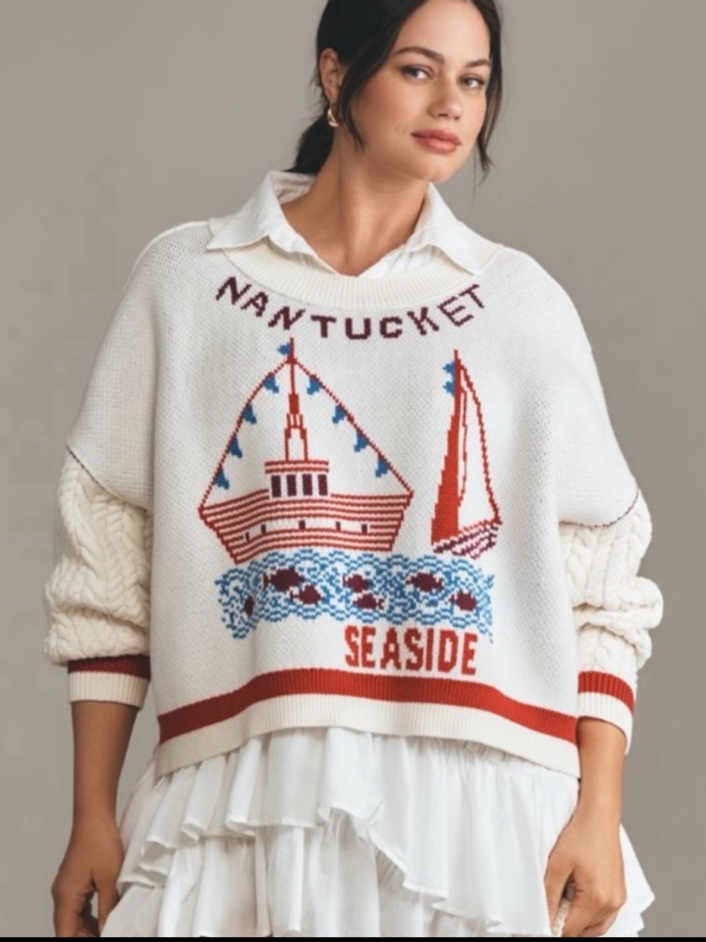 NWT Anthro Maeve Nautical SeaSide  Boat Waves  Ocean Cable-Knit Sweater